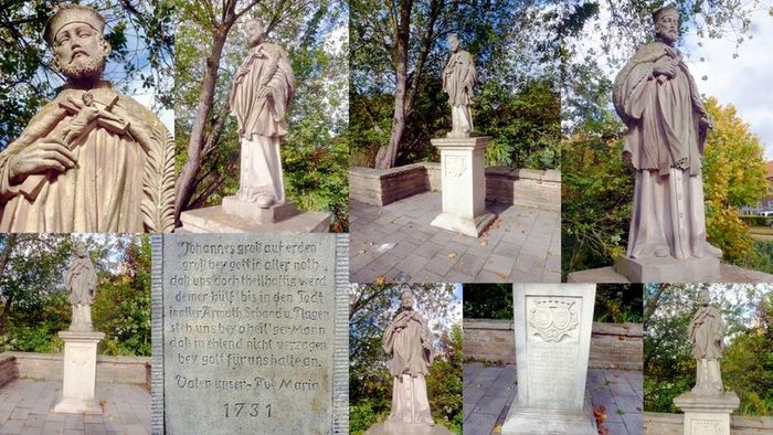 Collage: Stein-Statue vom Hl. Johannes von Nepumuk, der Schutzpatron der Brücken ist. Hier zu sehen in Lüdinghausen an der Stever Straße...