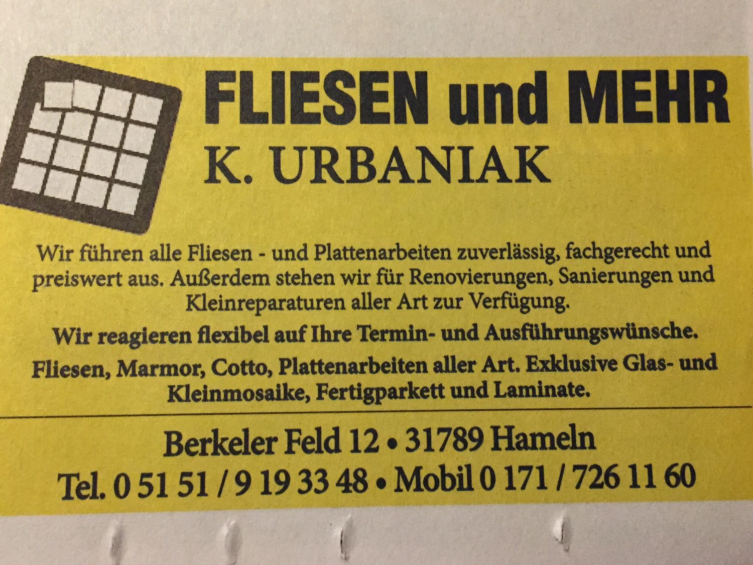 Urbaniak Klaus - Fliesen und mehr! - 1 Foto - Hameln Wangelist - Berkeler  Feld | golocal