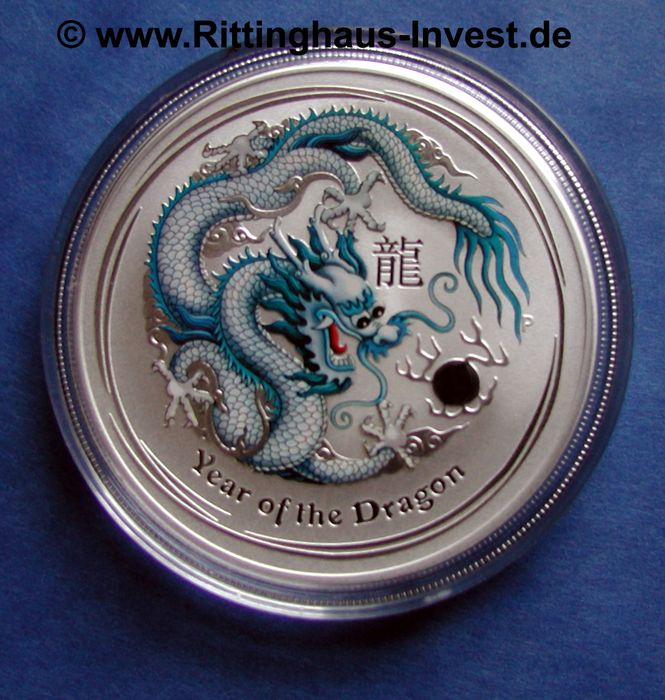 Lunar 2 Drache Silbermünze weiss farbig