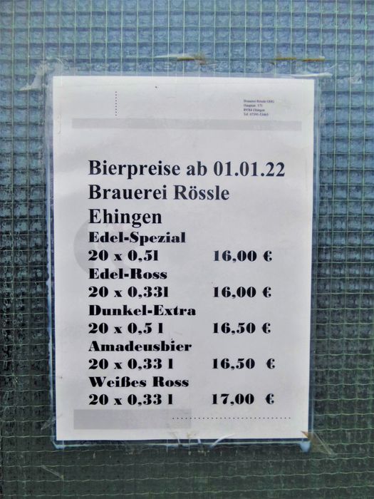 Preise für Flaschenbiere der Brauerei Rössle in der (M)Unteren Stadt in Ehingen (Donau)