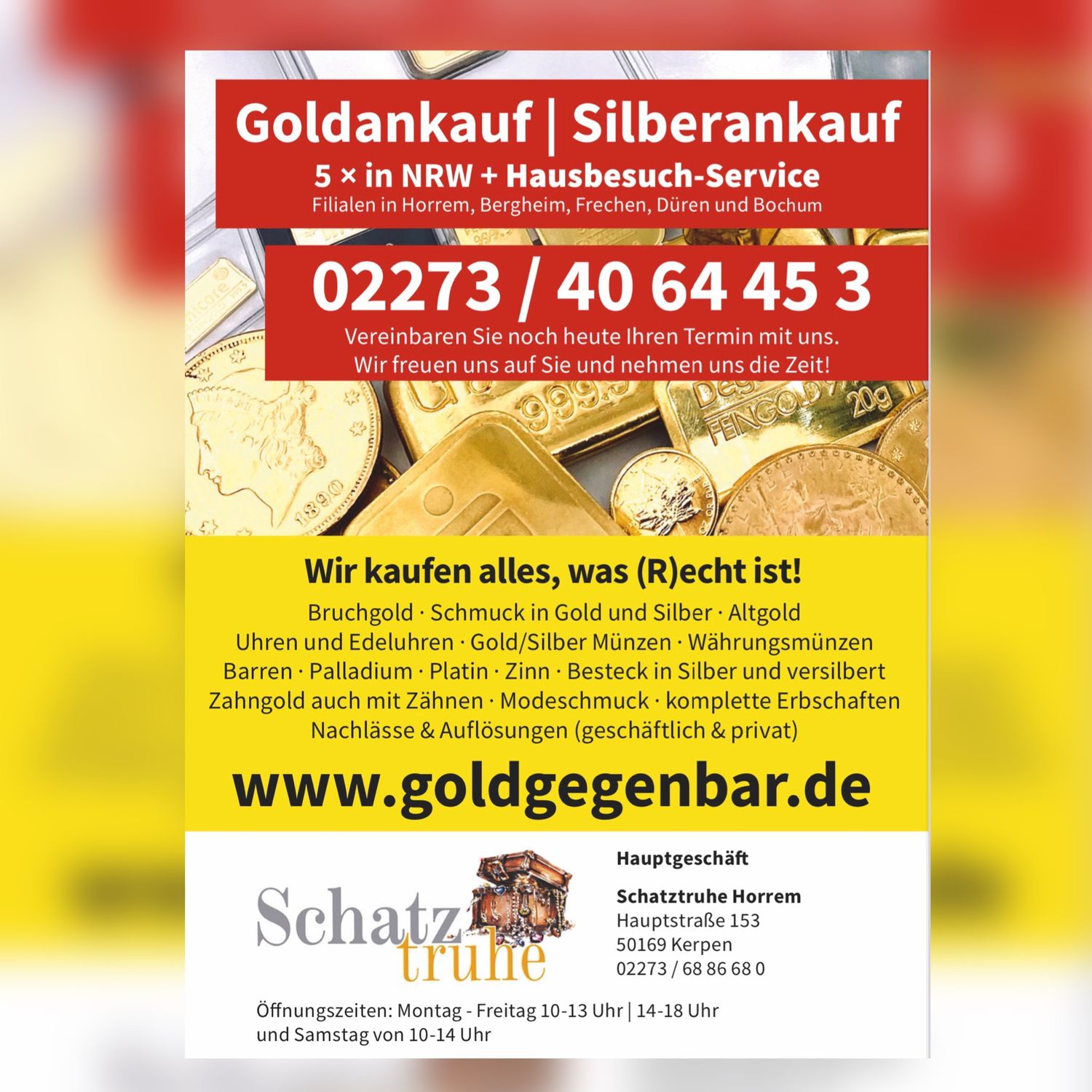 Bilder und Fotos zu Schatztruhe GmbH & Co. KG Juwelier Goldankauf Uhren +  Schmuck in Kerpen im Rheinland, Hauptstraße